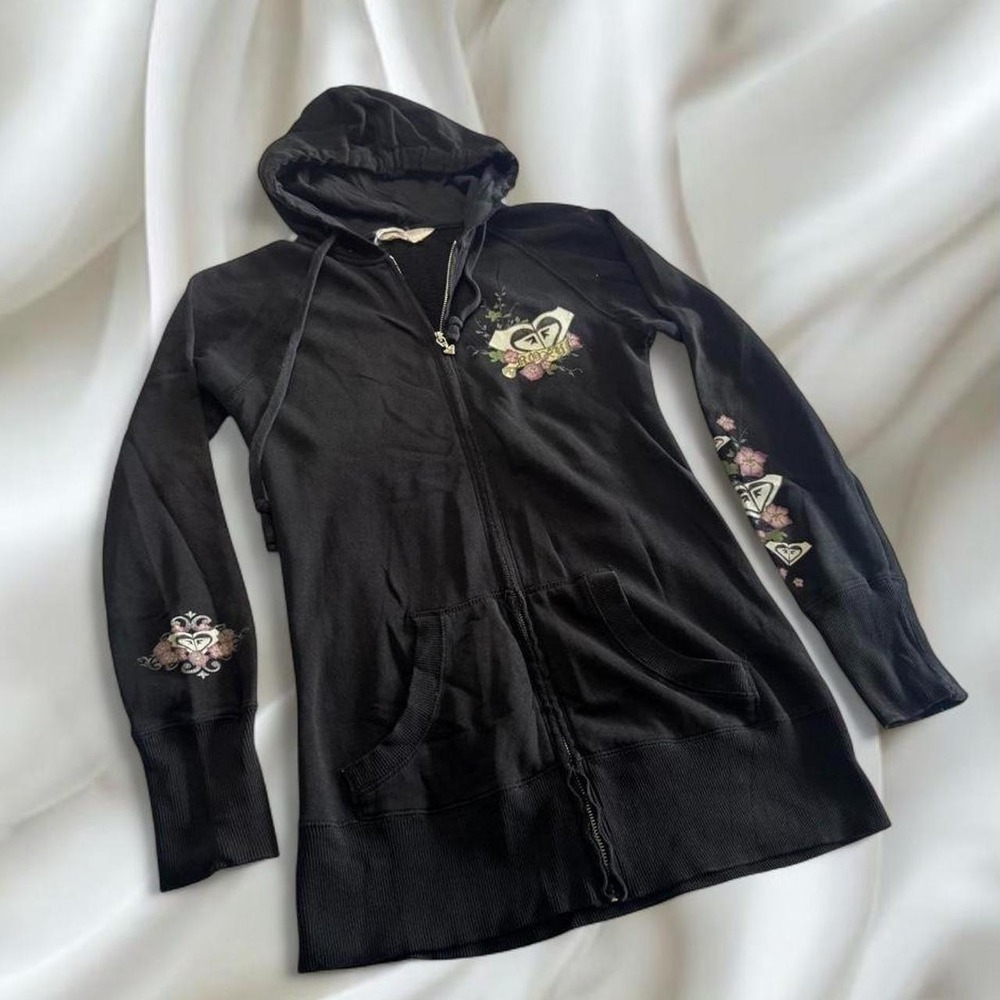 Y2K vintage Roxy‎ black floral graphic zip-up jacket skater grunge